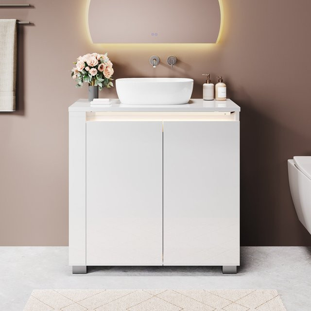 SONNI Freistehender Waschtisch mit Aufsatzwaschbecken und LED-Sensorbeleuchtung in Weiß, B/T/H: 60 x 60 x 30 cm - Bild 1