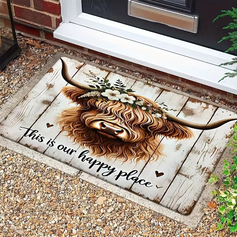 VIKAMA Highland Cow This Is Our Happy Place Fußmatte mit floralem Bauernhaus-Design, rutschfest und waschbar, Mehrfarbig, B: 60,0 cm, T: 40,0 cm - Bild 3