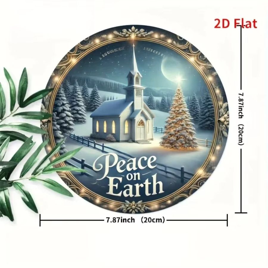 CIFBUY Weihnachtskranz Metallschild mit Winterkirche und Frieden, kreisförmiges Eisenschild, Durchmesser: 20,3 cm - Bild 2