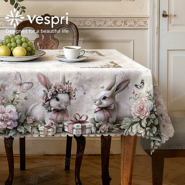 Vespri Oster-Tischdecke Weiß-Grau mit floralem Design und Hasen, Rund - Bild 1