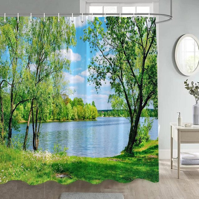 Duschvorhang mit Naturmotiv Landschaft und Blumen von Monika Chen, wasserdicht und schimmelresistent, Polyester, Mehrfarbig, B: 160 cm, H: 180 cm - Bild 1