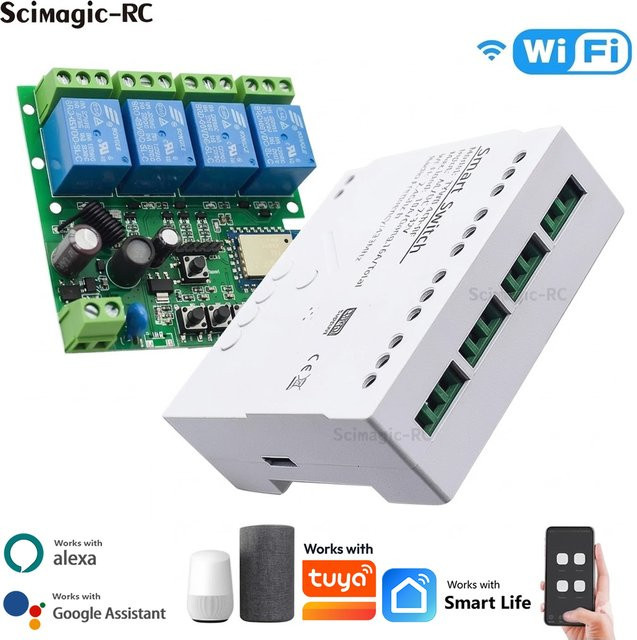 Scimagic-RC 4-Kanal WLAN-Relais Smart Wireless Schaltmodul in Weiß, kompatibel mit Tuya und Alexa, 7-32V/85-250V, 2200W - Bild 1