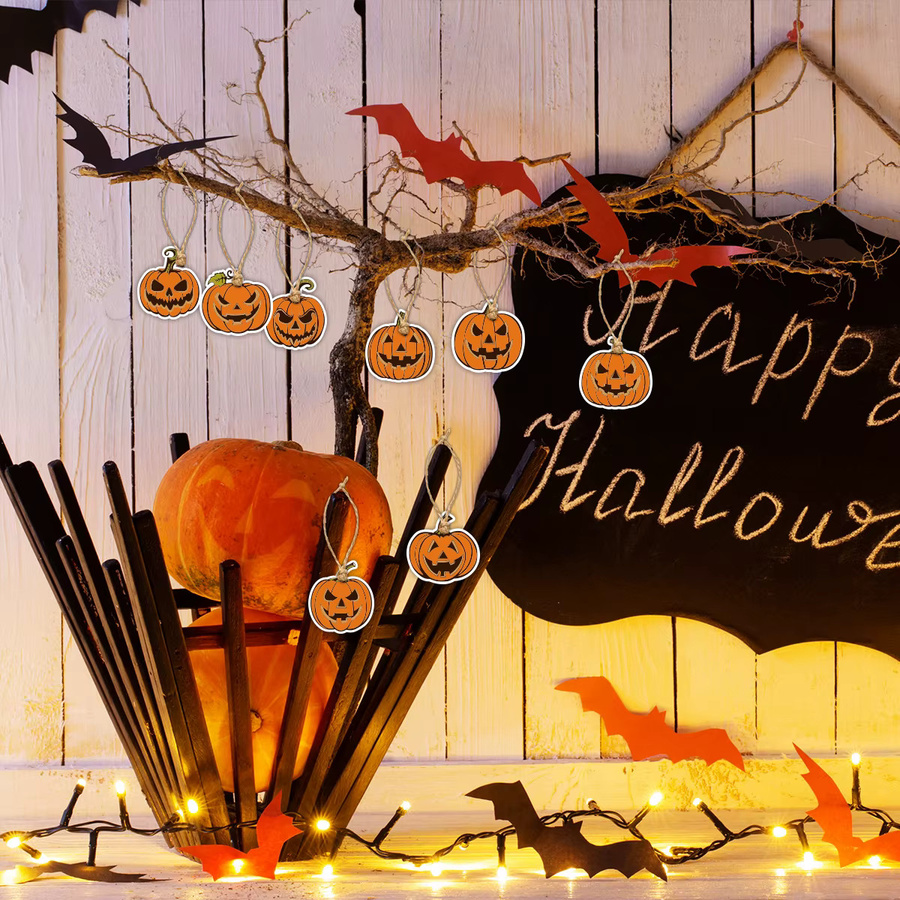 WEIGAO 8er Set Vintage Halloween Baumornamente mit Kürbis, Hexe und Schädel als hängende Anhänger in Orange - Bild 2
