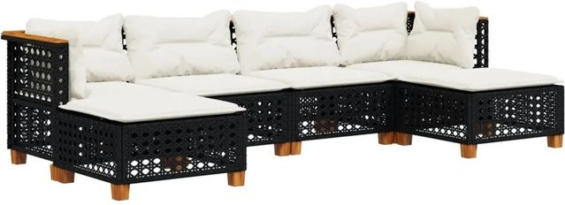 vidaXL 6-teilige Garten-Sofagarnitur in L-Form aus Polyrattan und Akazienholz mit Kissen in Schwarz - Bild 1
