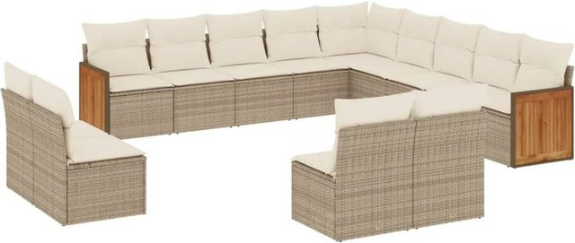 vidaXL 13-tlg. Garten-Sofagarnitur in U-Form aus Polyrattan und Akazienholz mit Kissen in Beige-Creme - Bild 1