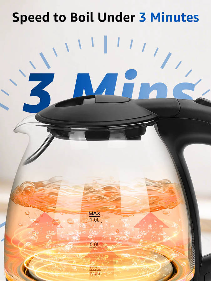 Aigostar Elfin Mini-Wasserkocher aus Borosilikatglas mit LED-Beleuchtung, 2200 W, 1 l, Schwarz - Bild 2