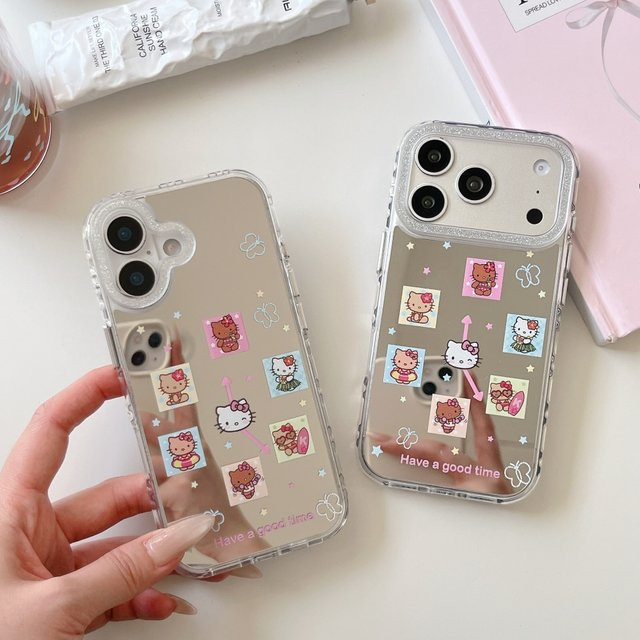Sanrio Hello Kitty Handyhülle mit Schminkspiegel und Gitter-Design für iPhone 15 16 17 Pro Max in Silber - Bild 1