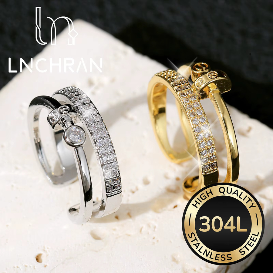LNCHRAN Doppelband-Ring, vergoldet, Edelstahl, Zirkonia, Damen - Bild 1