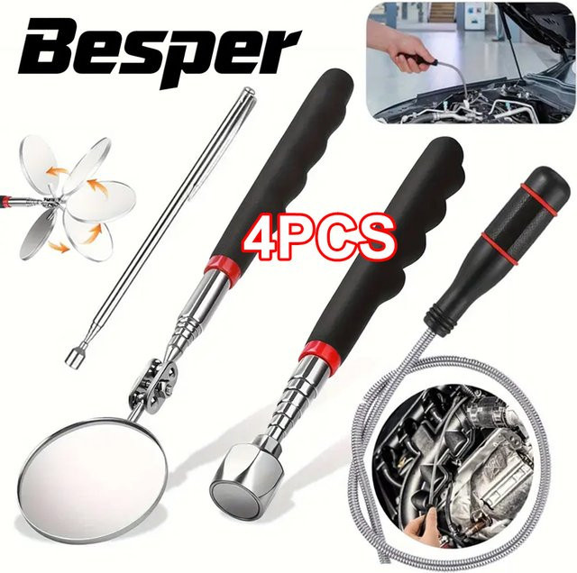 Besper 4-teiliges magnetisches Aufnahmewerkzeug-Set mit Teleskop-Magnet, flexibler Magnet-Kehrmaschine und LED-Blitz - Bild 1