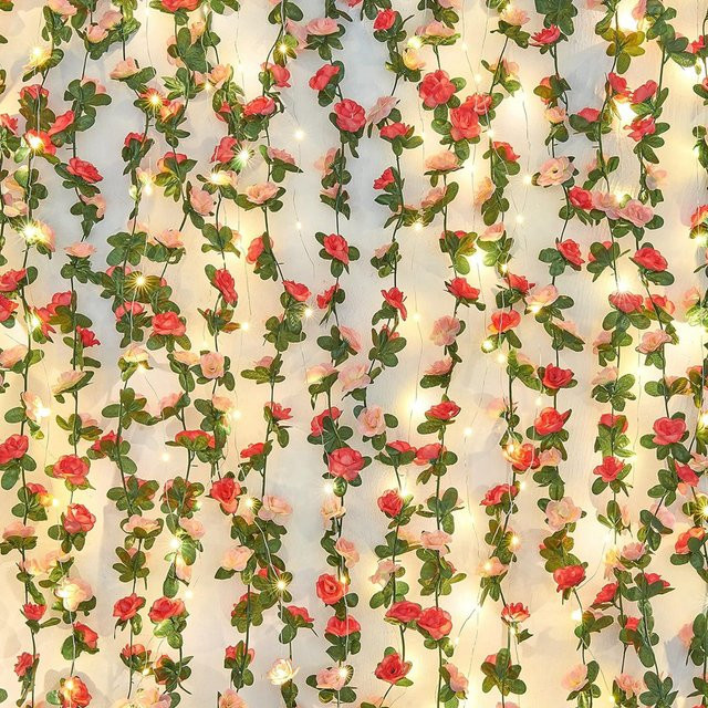 Rosa Rosen-Kunstblumen-Weihnachtsgirlande mit LED-Lichterkette, 250 cm Länge - Bild 1