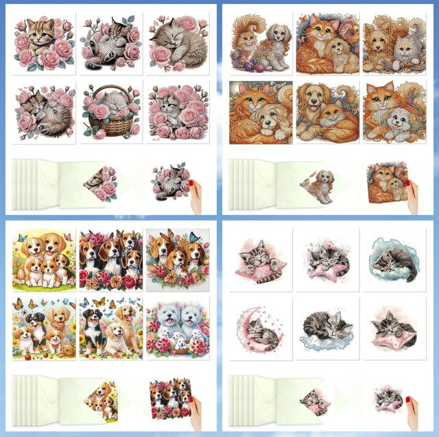 6-teiliges DIY-Mosaik-Grußkarten-Set mit unregelmäßigem Diamant-Kätzchen-Muster in Multicolour aus Papier - Bild 1
