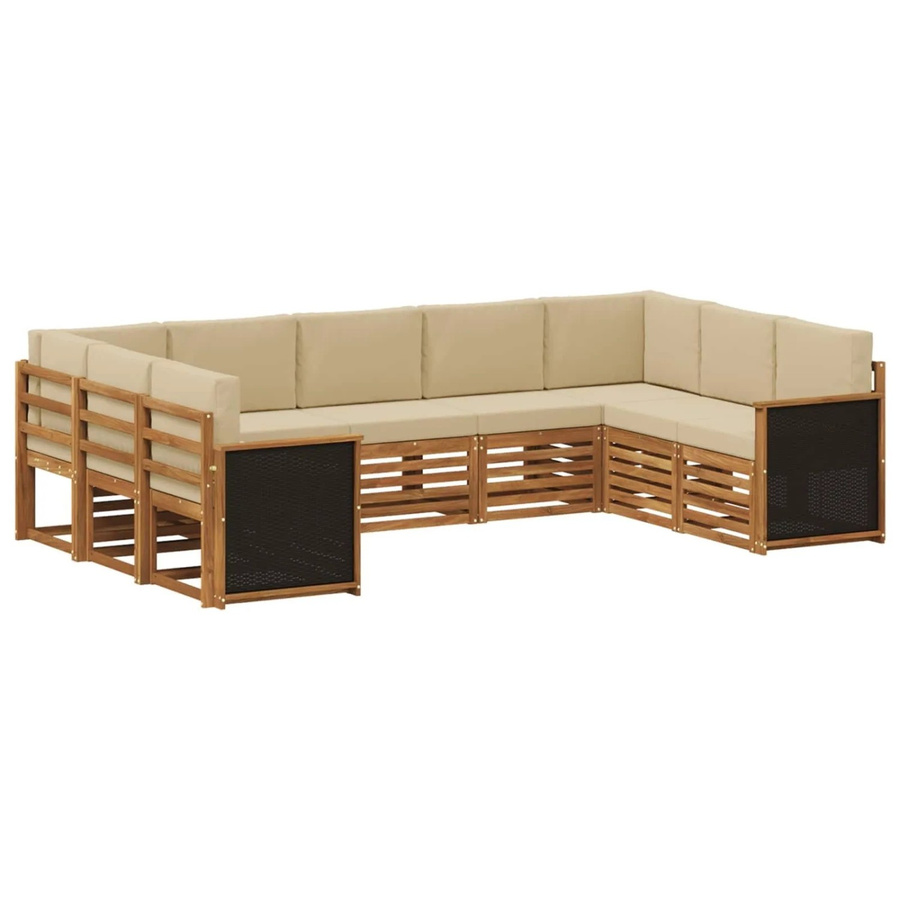 vidaXL Ecksofa Set aus massivem Akazienholz in Natur mit wetterfesten Polyester-Kissen in Beige - Bild 2