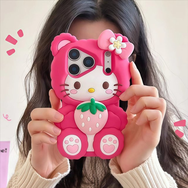 Hello Kitty Handyhülle mit Erdbeer-Design für Apple iPhone 12 bis 17 Pro Max Plus in Pink aus Silikon - Bild 1