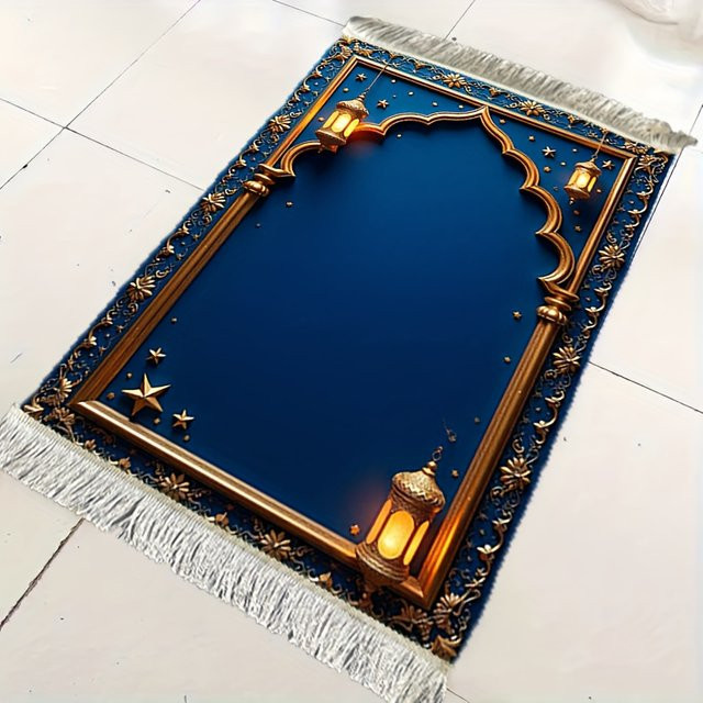 VIKAMA Islamischer Gebetsteppich mit goldener Laternen-Stickerei, rutschfest und weich, blau/gold, orientalisches Design - Bild 1