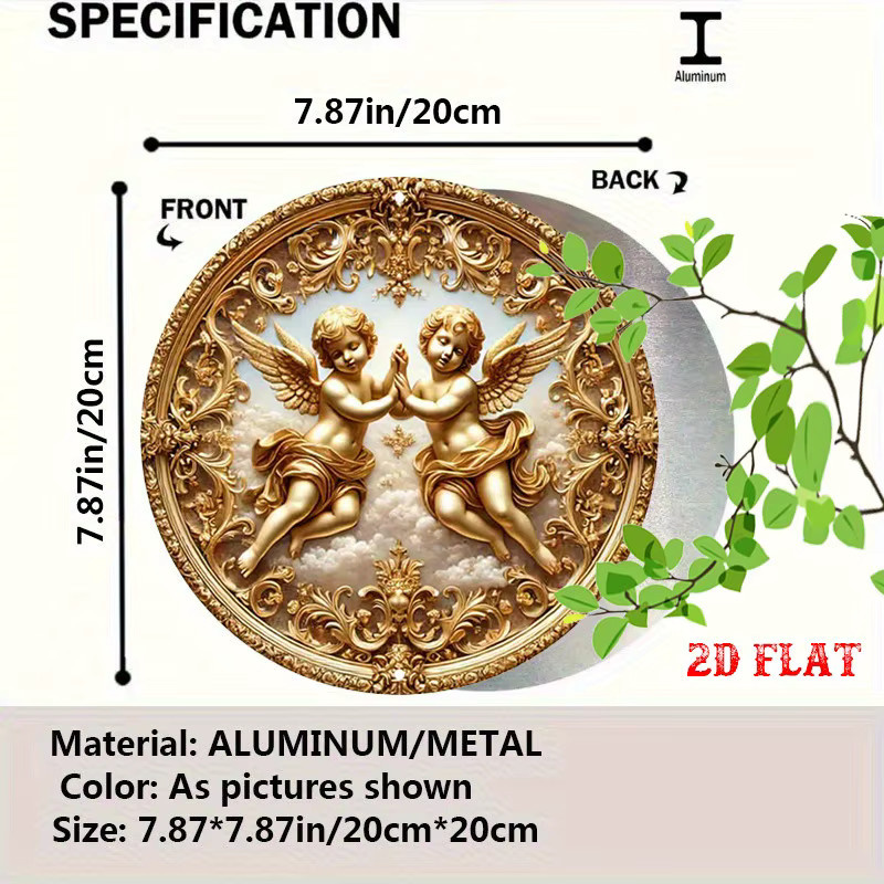 CIFBUY Vintage Engel-Wanddekoration aus Metall in Gold, rundes Aluminiumschild mit floralem Design, Durchmesser: 20 cm - Bild 2