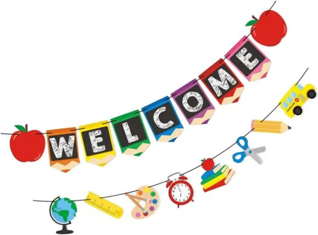 Buntes Back to School Banner mit Blumen und Buchstaben als hängende Papier-Dekoration für den Schulanfang - Bild 1