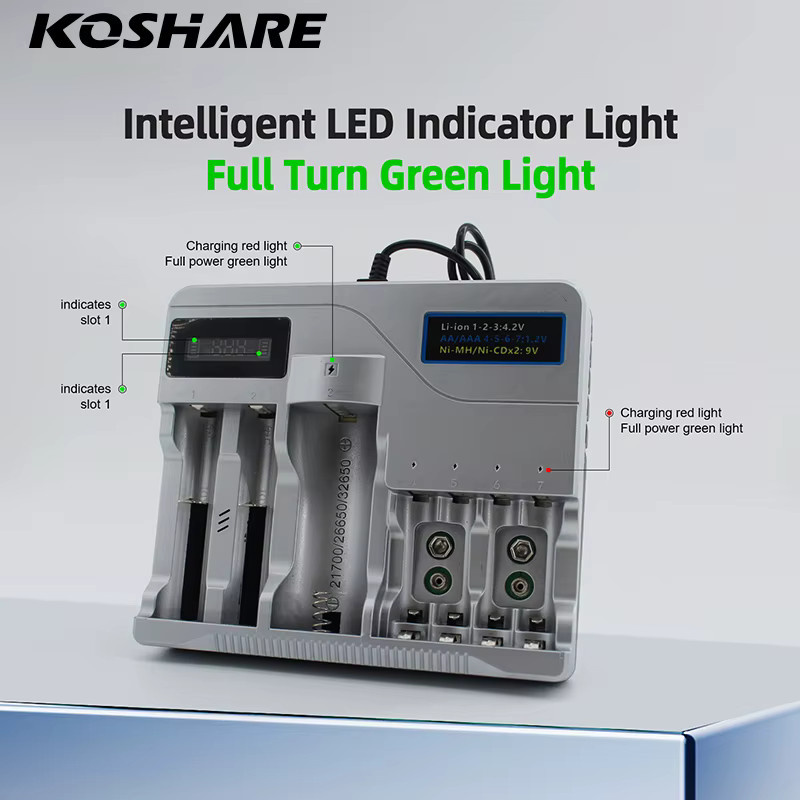 KOSHARE LED Smart Batterieladegerät für Ni-MH, Ni-Cd und Lithium-Akkus (AA, AAA, 9V, 18650, 16340, 14500, 21700, 26650, 32650) - Bild 2