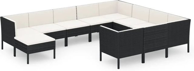 vidaXL 11-tlg. Garten-Lounge-Set in U-Form aus Poly Rattan und pulverbeschichtetem Stahl in Schwarz mit Polstern und Kissen - Bild 1