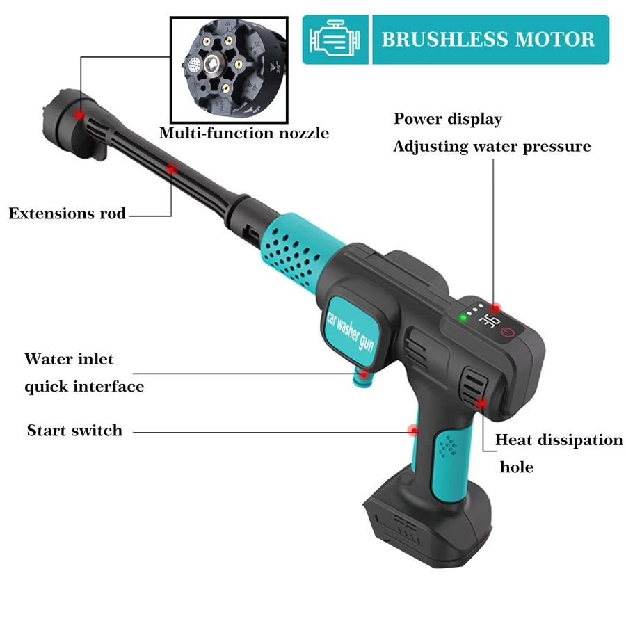 4Gears Bürstenloser elektrischer Hochdruckreiniger mit Digitalanzeige und Akku-Autowaschpistole in Schwarz, kompatibel mit Makita 18V, 280 Bar - Bild 2