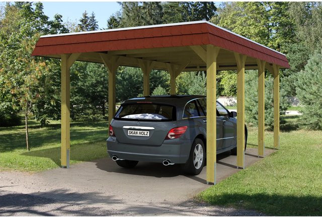 Skan Holz Walmdach-Carport Spreewald aus Nadelholz mit Aluminium-Dachplatten in Rot, B/T: 589 x 345 cm - Bild 1