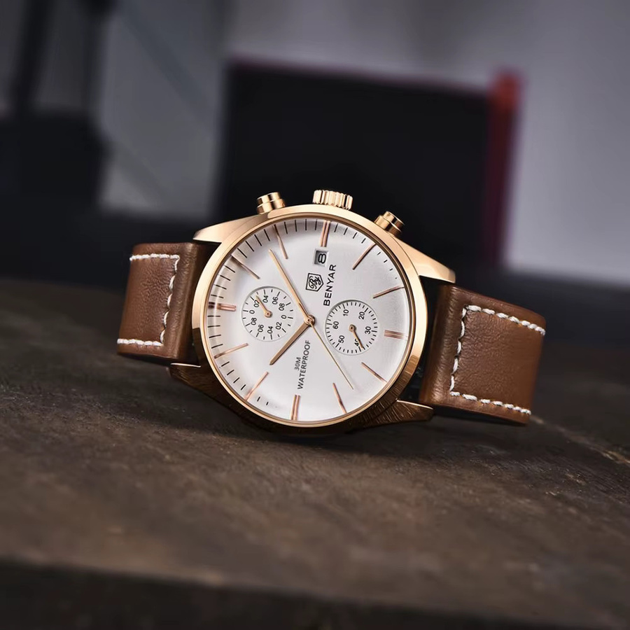 BENYAR Armbanduhr, Quarzuhr, Leder, 42 mm, Herren, Datum, Weiß - Bild 4