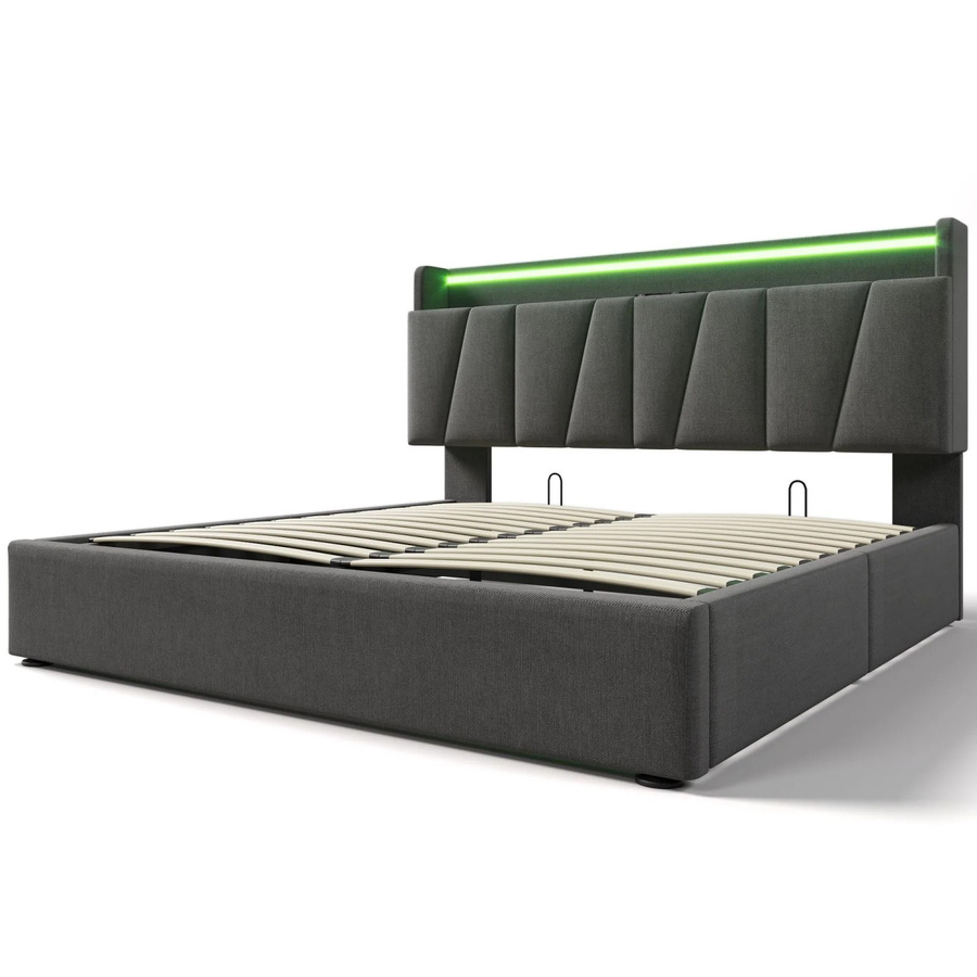 Merax Polsterbett Grau mit LED-Beleuchtung, USB-Anschluss und Stauraum B/T/H: 140 x 200 x 10d cm (Breite: 140 cm, Tiefe: 200 cm, Höhe: 10d cm) - Bild 2