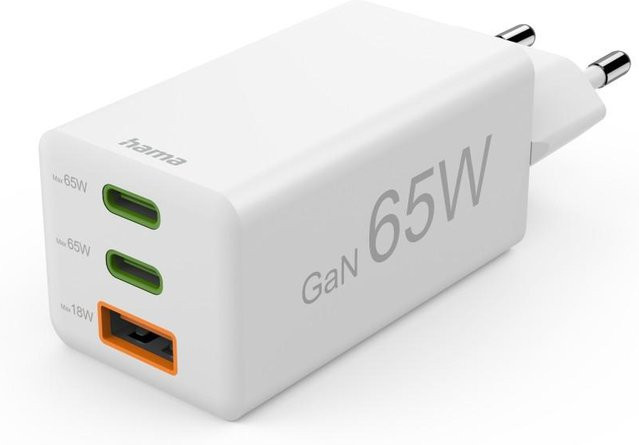 Hama Schnellladegerät mit GaN-Technologie, 65W, 2x USB-C PD und 1x USB-A QC, Weiß - Bild 1