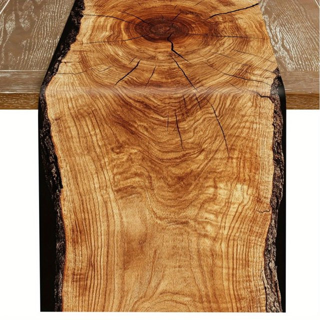JIT Tischläufer aus Leinen in Braun mit Holzoptik und grafischem Design, rechteckig - Bild 1