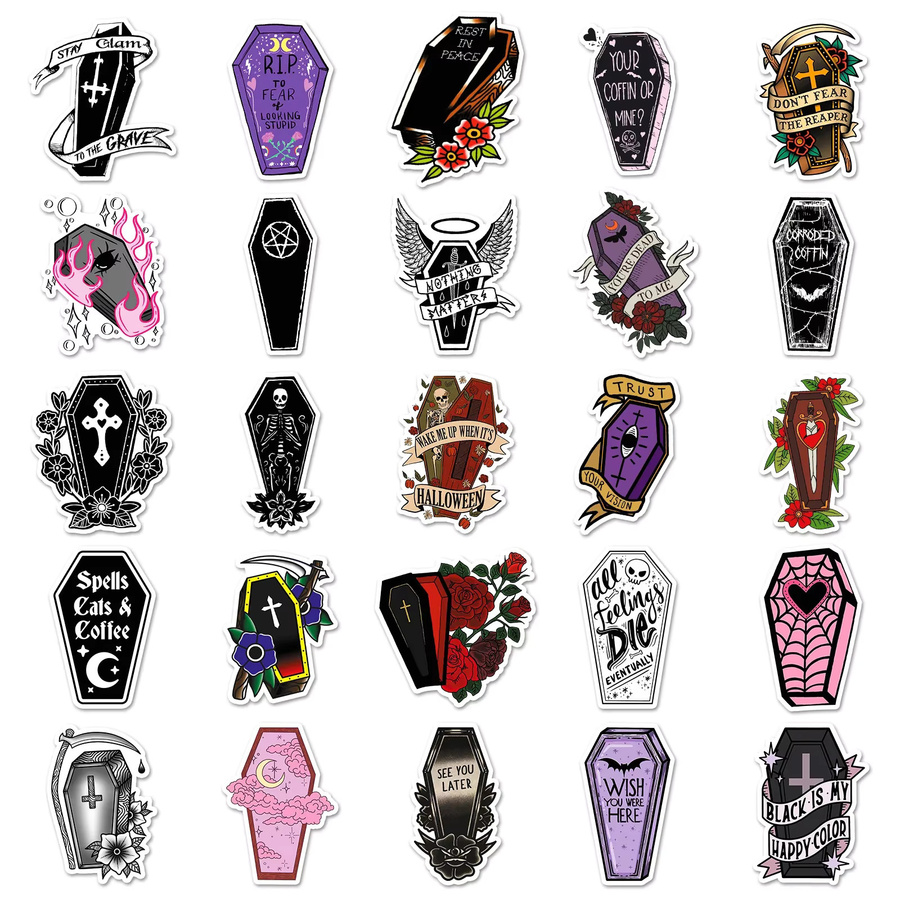 50 Stück GOGOTU Gothic Halloween Aufkleber im Vampir-Sarg-Stil, wasserfeste PVC Sticker für Skateboard, Notebook und DIY-Dekoration, Mehrfarbig - Bild 2