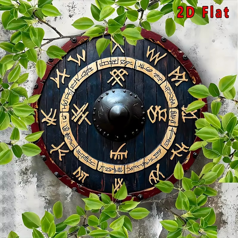 Reus Viking Rune Shield Metallwandkunst mit goldenen Runen, dunklem Holz und rotem Rand, Durchmesser: 20,32 cm - Bild 5