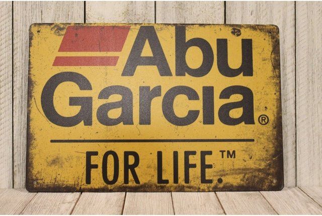 Abu Garcia Vintage Blechschild mit Angelrutenrolle und Fisch Motiv, rechteckig, Breite: 20 cm, Höhe: 20 cm - Bild 1