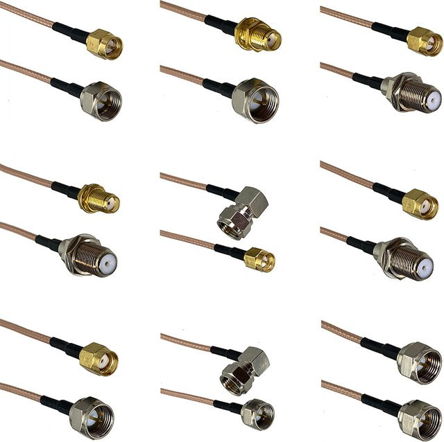 RG316 RF Jumper Pigtail Kabel mit F-TV-Stecker auf SMA-Female und SMA-Male, gerade und rechtwinklig, Farbe: Gold - Bild 1