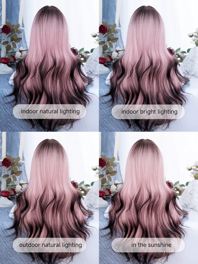 YGGDRASIL Perücke, rosa-schwarz Ombre, lang gewellt mit Pony, Damen - Bild 5
