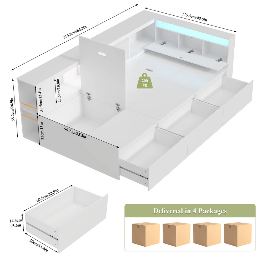 Getone Kinderbett in Weiß mit LED-Beleuchtung, 3 Schubladen und Bücherregal, B/T/H: 90 x 200 cm - Bild 3