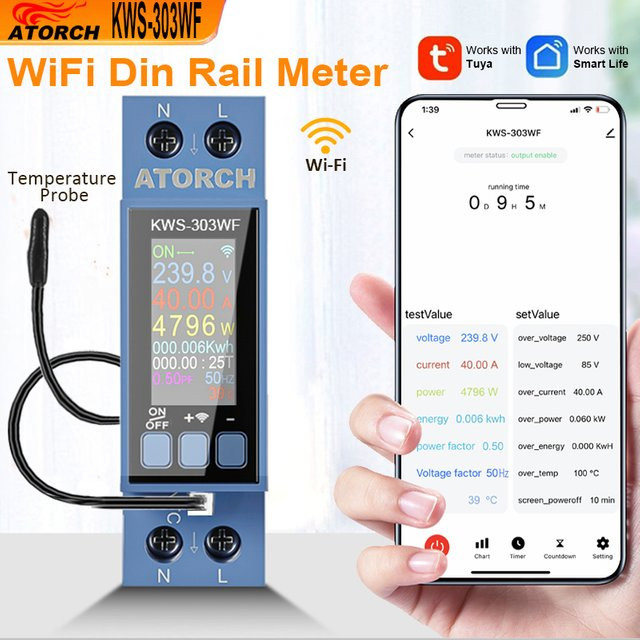 ATORCH WIFI Tuya Din-Schiene AC Multifunktions-Energiemonitor zur Messung von Spannung, Strom, Leistung, Leistungsfaktor, kWh und Frequenz, Blau, AC85-290V/40A - Bild 1