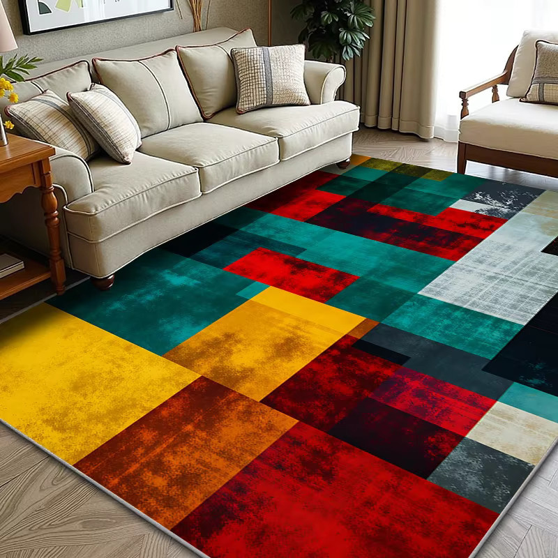 RAKKS Moderne Rechteckige Bereichsmatte mit Geometrischem Muster in Blau, Rot und Grau für Wohnzimmer, Schlafzimmer, Büro, Terrasse oder Balkon - Bild 1