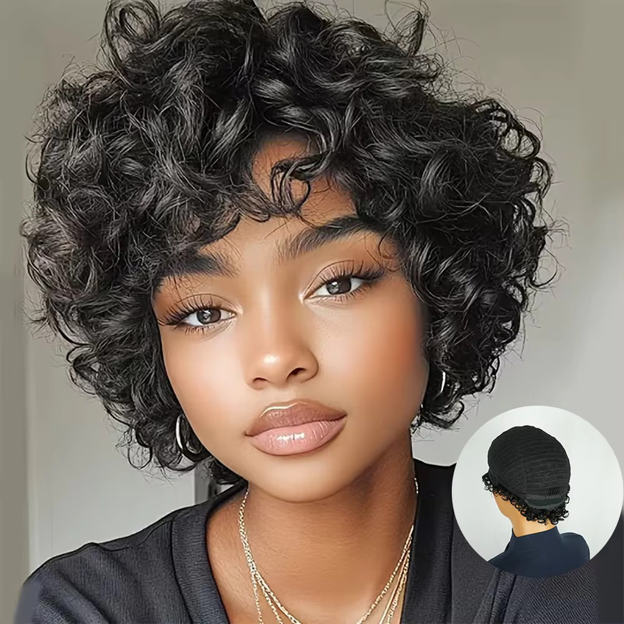 OYM HAIR Bob-Perücke, lockig mit Pony, 100 % Echthaar, Schwarz, Damen - Bild 2
