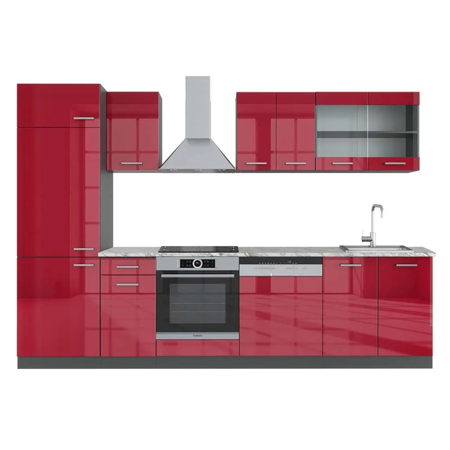 Vicco R-Line Küchenzeile Bordeaux Hochglanz und Anthrazit mit Marmor-Optik, Breite: 300 cm, Höhe: 207 cm, Tiefe: 60 cm - Bild 2