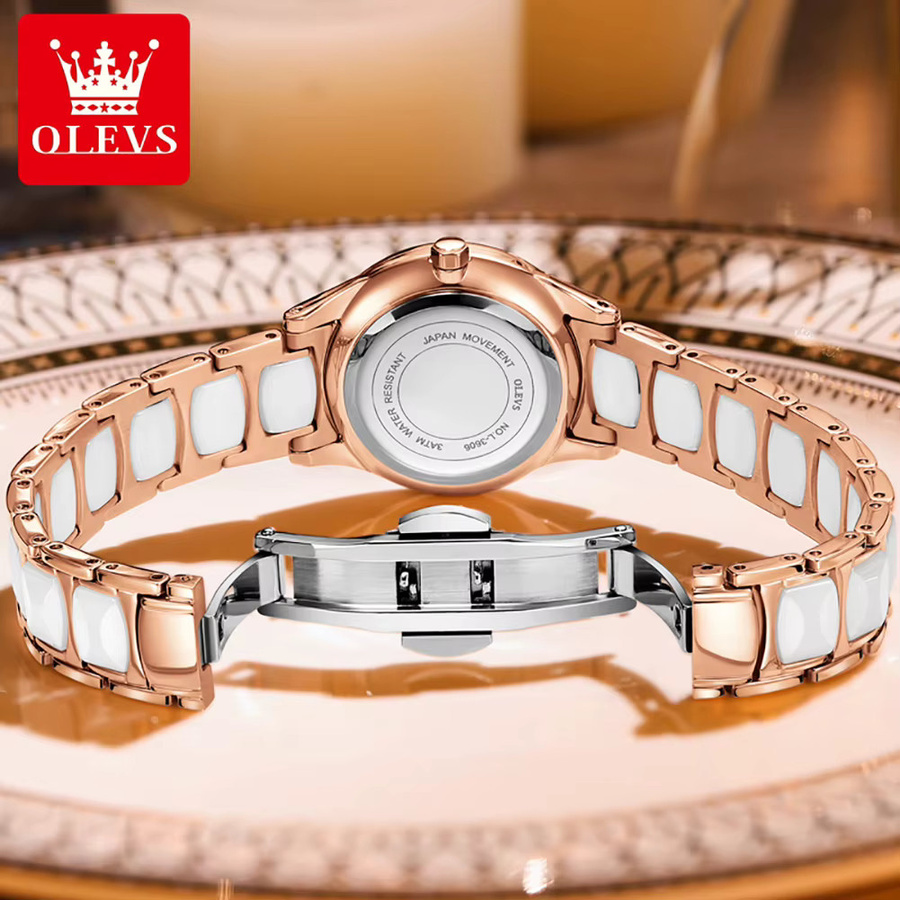 OLEVS Damenuhr, Quarz, Keramikarmband, Diamantbesetzt, Weiß, Roségold - Bild 3