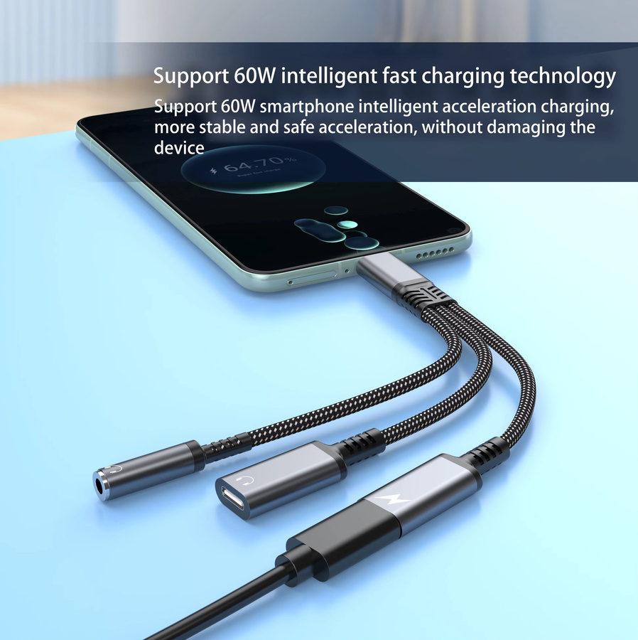 3-in-1 PD 60 W Schnellladeadapter mit USB-C auf Dual USB-C und 3,5 mm Klinke für iPhone 16 15 und Samsung in Schwarz und Rot - Bild 2