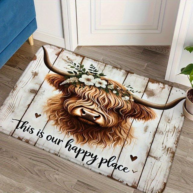 VIKAMA Highland Cow This Is Our Happy Place Fußmatte mit floralem Bauernhaus-Design, rutschfest und waschbar, Mehrfarbig, B: 60,0 cm, T: 40,0 cm - Bild 1