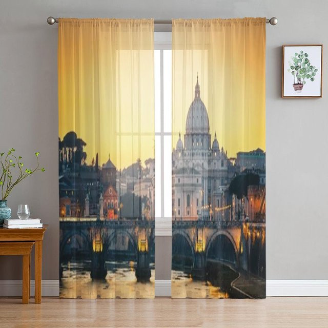 St Architecture River Chiffon-Vorhang in Beige, Transparenter Tüllvorhang für Wohnzimmer und Schlafzimmer, Breite: 135 cm, Höhe: 114 cm - Bild 1