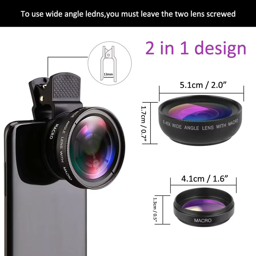 OBKEY 2-in-1 Smartphone-Objektiv Set mit 0,45x Superweitwinkel und Makroobjektiv inklusive 37 mm Clip für iPhone 14 13 15 Huawei und Xiaomi in Schwarz oder Pink - Bild 2
