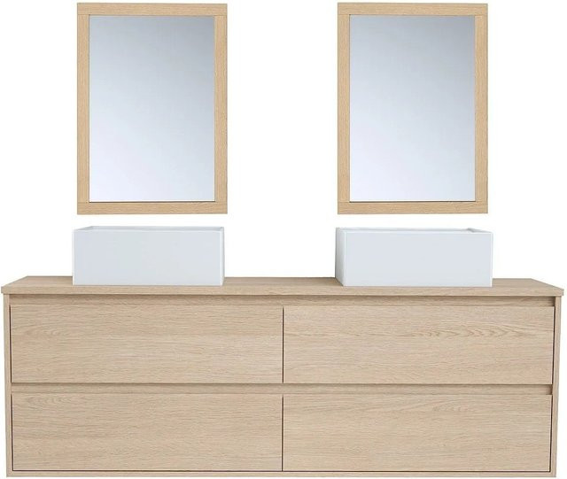 Milipam Doppelwaschtisch mit Waschbeckenunterschrank und Spiegel aus Eichenfurnier und Keramik, Naturfarben Hell, Breite: 150 cm - Bild 1