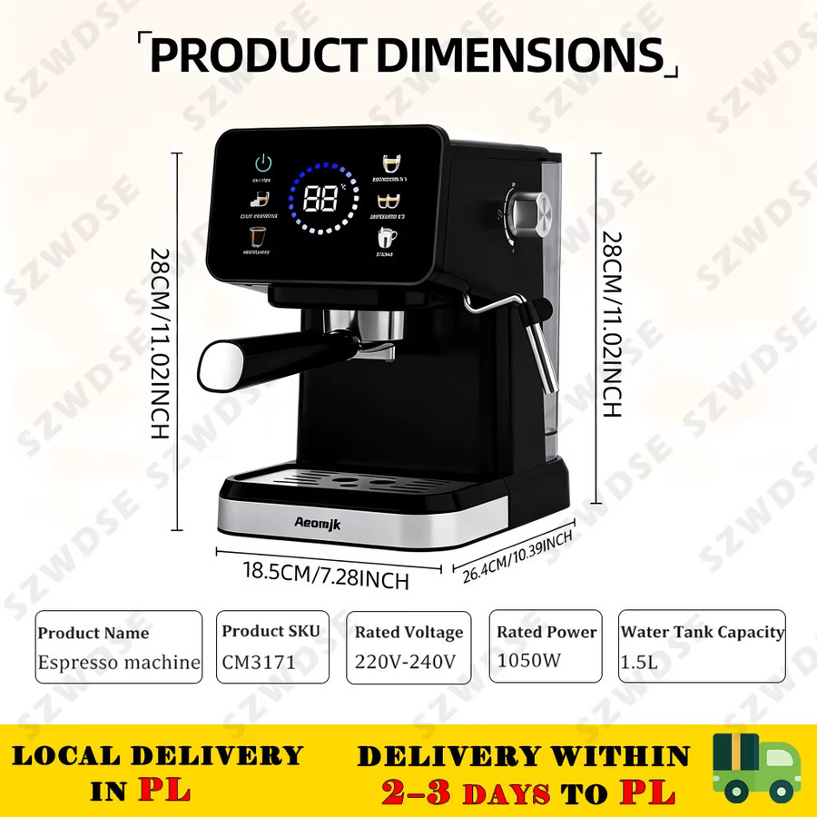 SZWDSE Halbautomatische Espressomaschine mit integriertem Milchaufschäumer und Temperaturregelung, 20 bar Druck, Schwarz - Bild 2