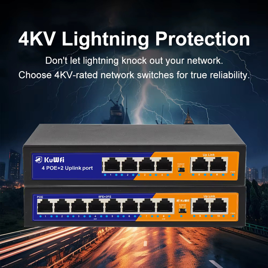 KuWFi Unmanaged PoE Ethernet Switch mit 4 oder 8 Ports und 2 Uplink-Ports in Schwarz für IP-Kameras und Router mit bis zu 250m Reichweite - Bild 2