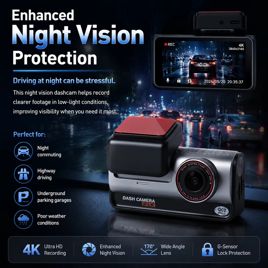 Bluavido 4G LTE 4K Ultra HD Dual-Dashcam mit GPS, WLAN-Hotspot, ADAS und 24-Stunden-Parkmodus in Schwarz - Bild 4