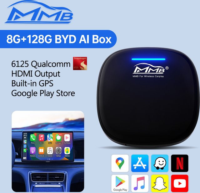MMB MAX Android 13 CarPlay Ai Box mit 8 GB RAM und 128 GB Speicher, QCM6125 Prozessor, Netflix, Youtube, GPS und 4G LTE für BYD Seallion & DENZA, Schwarz - Bild 1