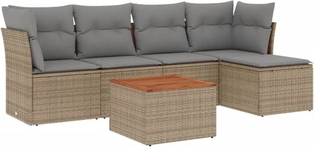 vidaXL 6-teilige Garten-Sofagarnitur in L-Form aus Poly-Rattan und Akazienholz mit beigen Polstern in Beige - Bild 1