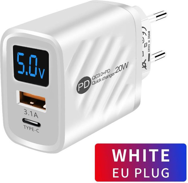 AlongChoice USB PD 20W Schnellladegerät mit Digital Display und USB-C Anschluss, Wandladegerät für iPhone, Samsung, Xiaomi und Huawei, EU-Stecker, weiß - Bild 1